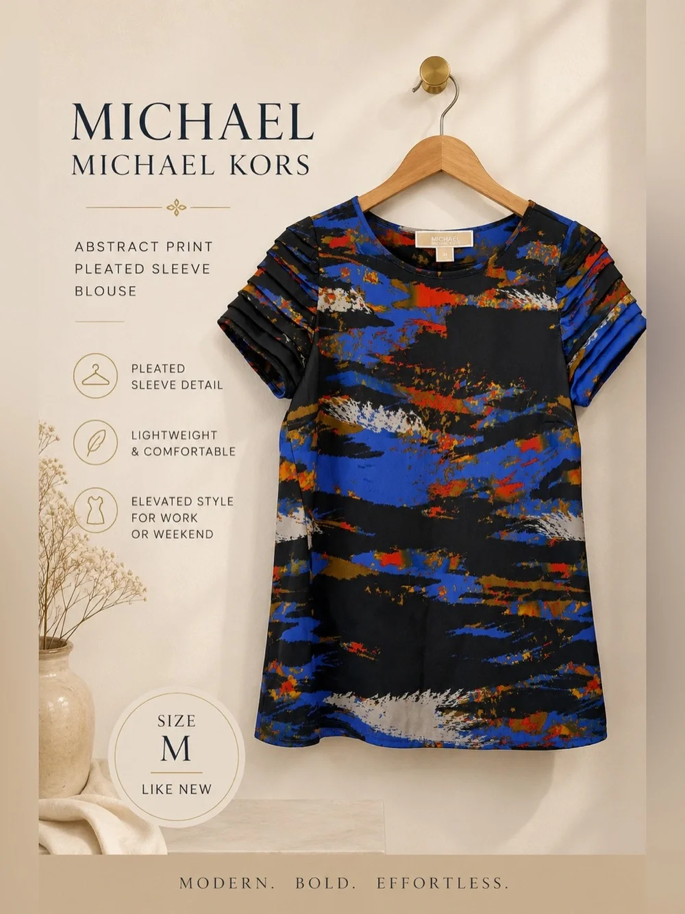 Michael Michael Kors Abstract Print Pleated Sleeve Blouse Size Medium